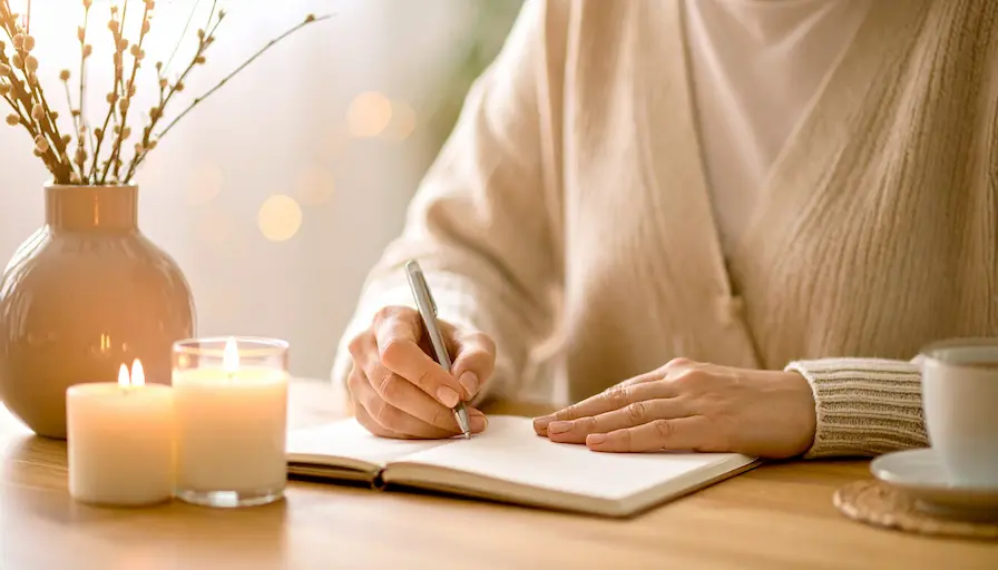 Persona escribiendo en cuaderno junto a velas, imagen simbólica de la evidencia científica de la reestructuración cognitiva y su eficacia terapéutica.