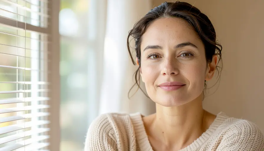 Mujer latina en un espacio luminoso con expresión serena, ilustrando cómo la aceptación mejora la calidad de vida y el bienestar psicológico.