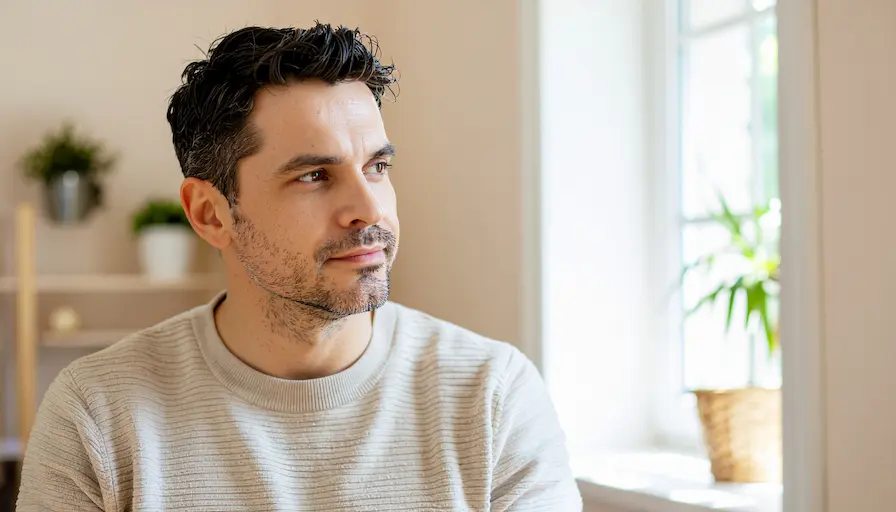 Hombre latino mirando con serenidad en un espacio cálido, reflejando que aceptar no es resignarse.