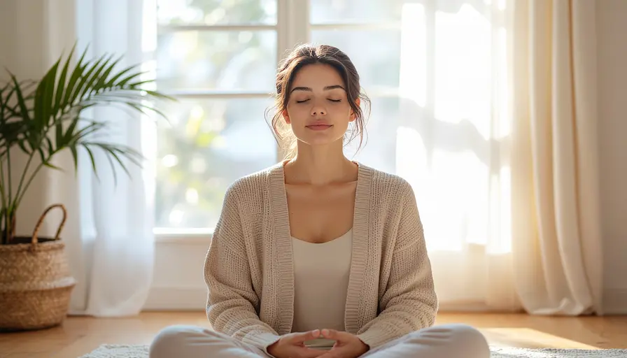 Mujer latina meditando en un interior luminoso, ilustrando la práctica formal de aceptación y atención plena.