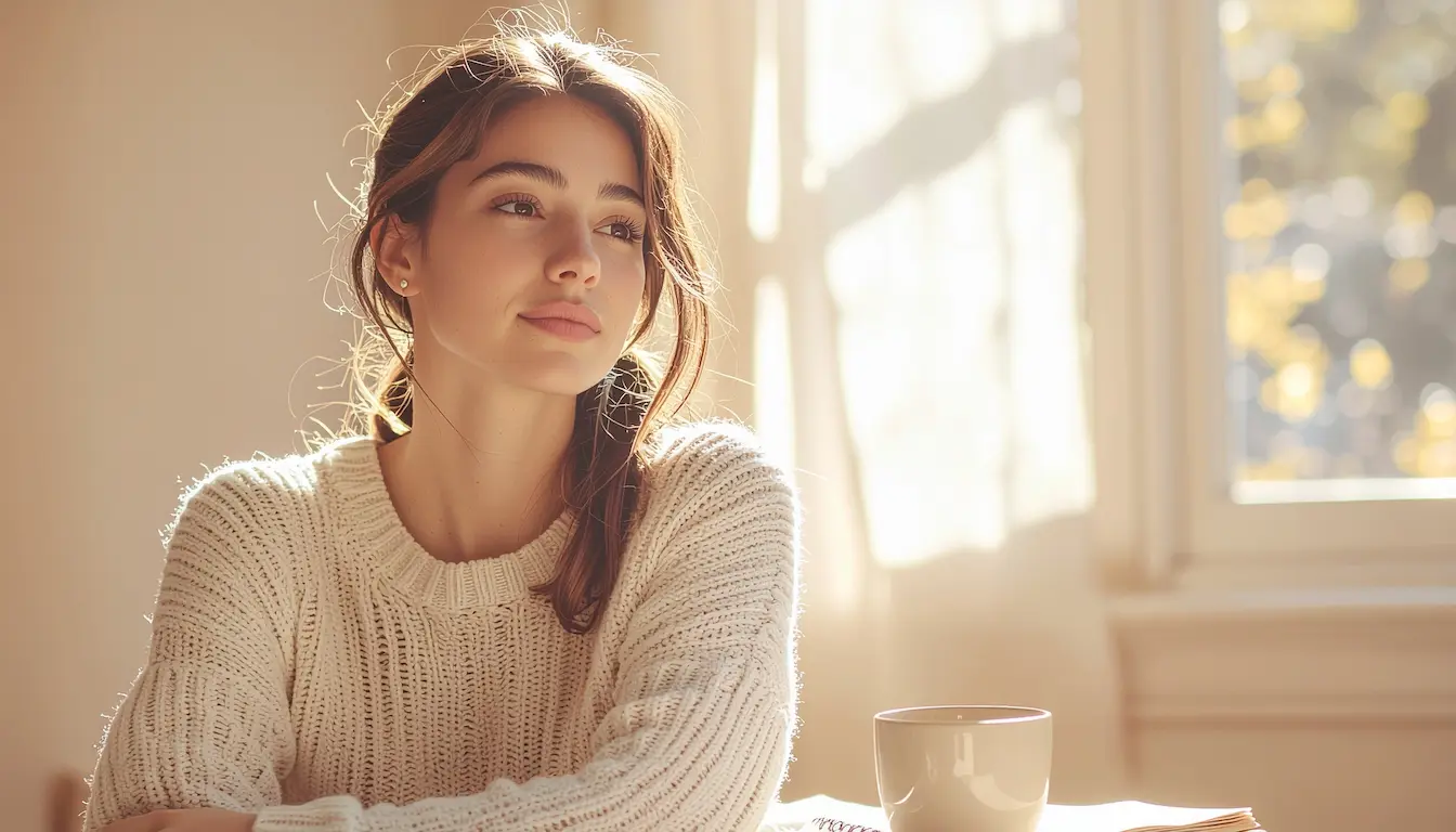 Mujer junto a una ventana con luz cálida y expresión serena, reflexionando en calma. Juzgar es humano, pero también agotador.