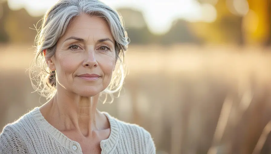 Mujer mayor con cabello canoso y expresión serena, luz cálida al atardecer. Por qué funciona no juzgar.