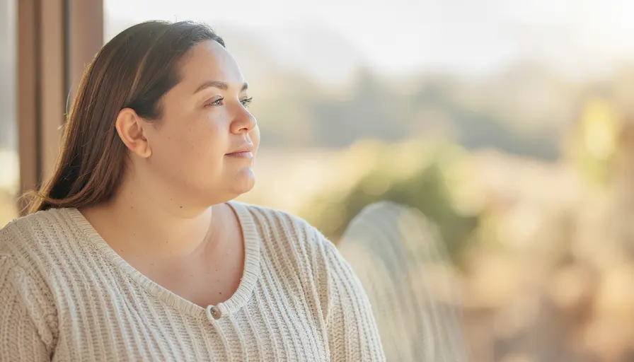 Mujer con sobrepeso mirando hacia la luz del atardecer, rostro tranquilo y sereno. Beneficios documentados de no juzgar.