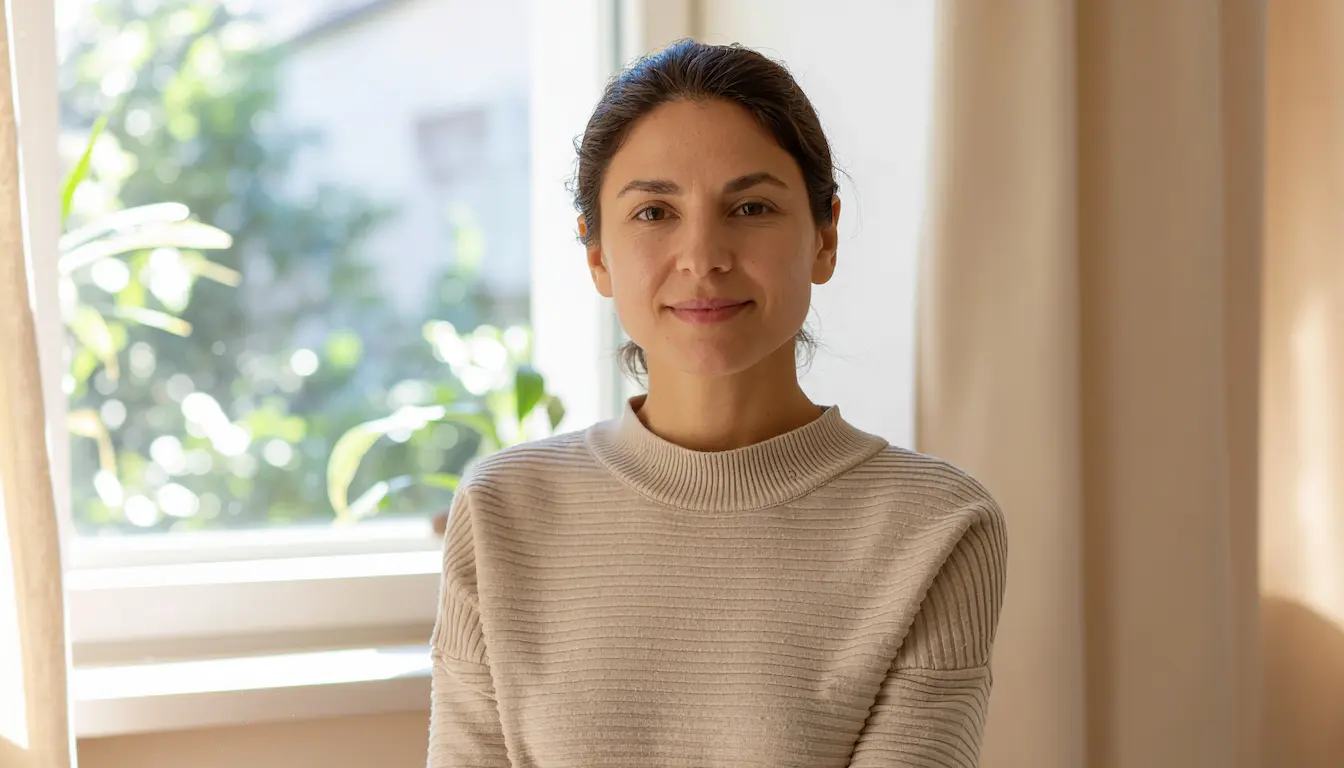 Mujer latina con expresión tranquila en un interior luminoso, representando aceptar lo que es y abrirse a una forma más consciente de estar presente.