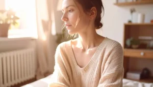 pensamientos negativos en la ansiedad representados por una persona en introspección y calma junto a una ventana