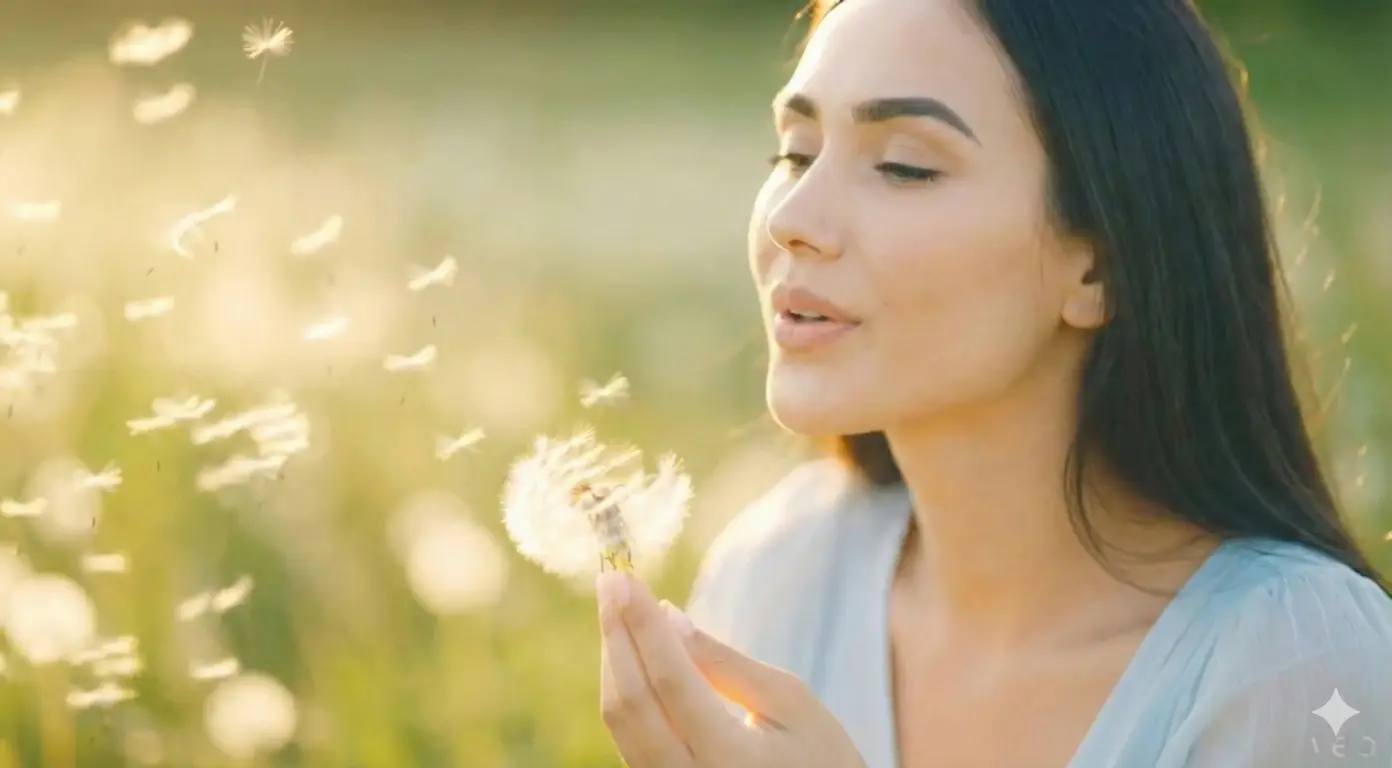 Mujer con los ojos cerrados soplando un diente de león en un ambiente cálido y sereno, imagen del Curso taller La dicha de aceptar y amar lo que es