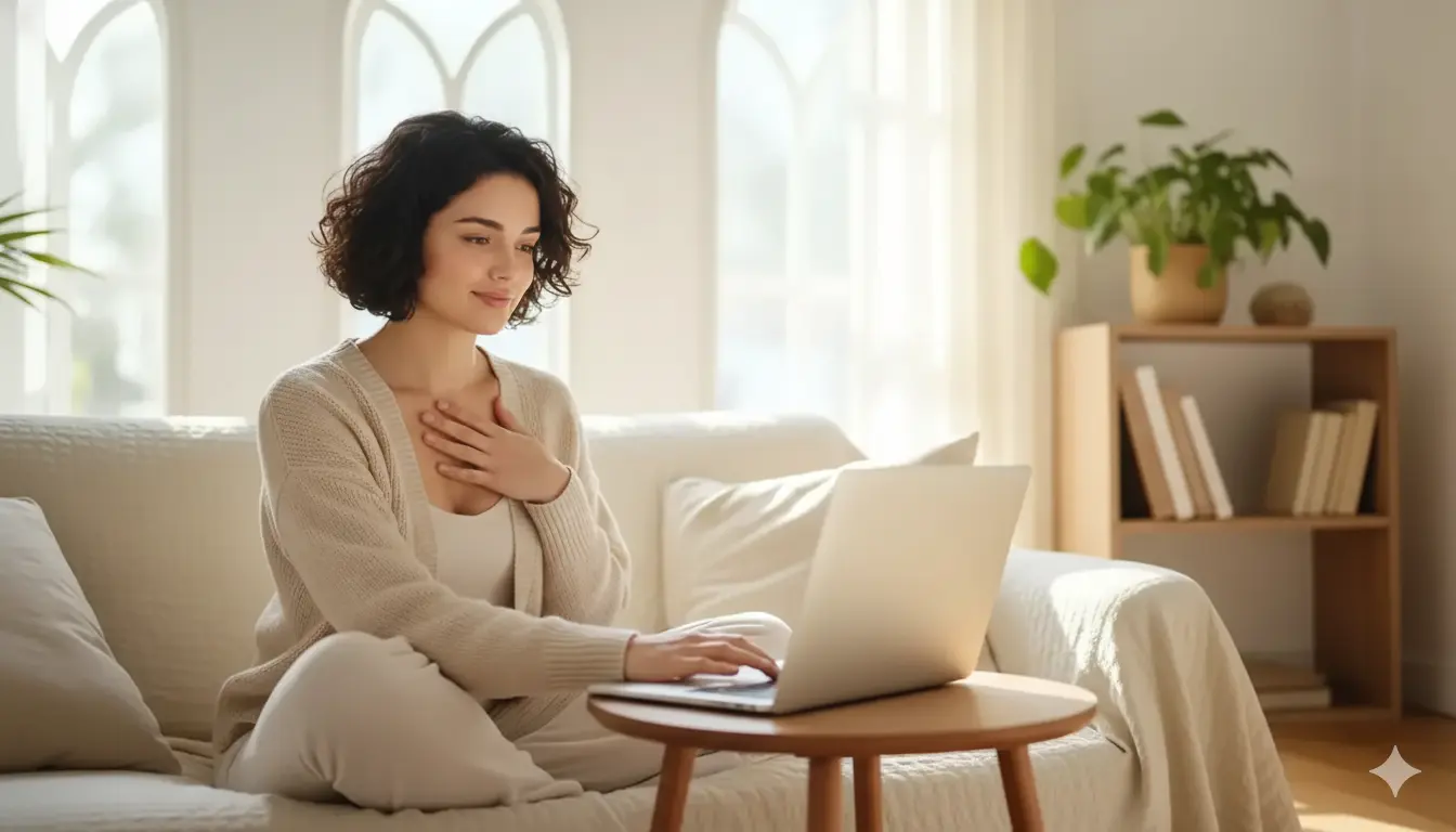 Mujer con expresión serena y mano en el pecho en sesión de acompañamiento para la ansiedad en línea para adultos.
