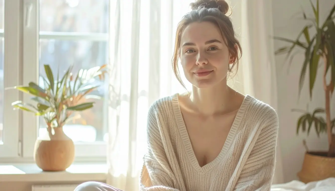 Portada del curso-taller de ansiedad en línea para adultos, mujer sentada junto a una ventana con luz suave