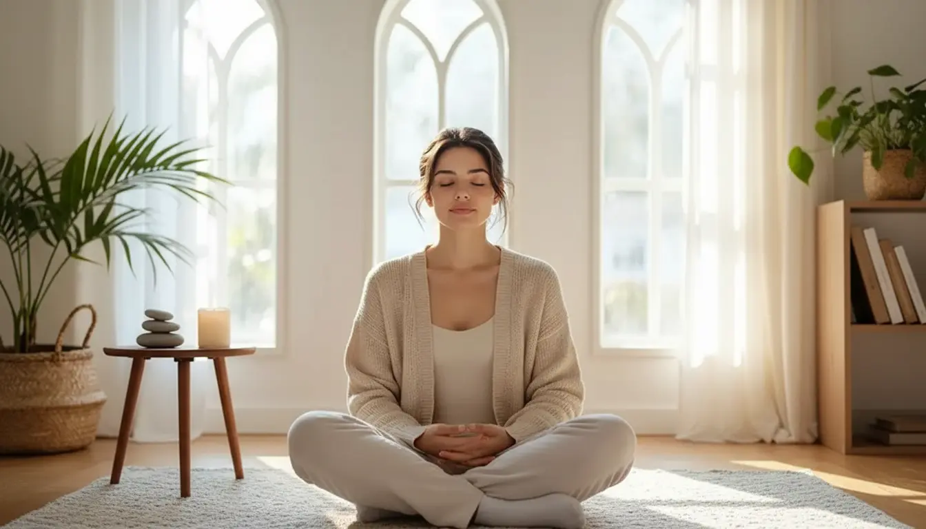 Portada del curso-taller de Manejo de Emociones y Mindfulness, persona sentada meditando en un espacio luminoso