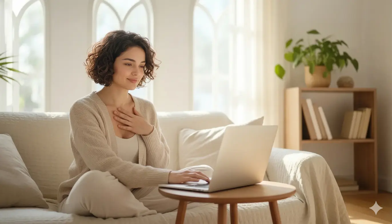 Mujer adulta en una sesión de acompañamiento para ansiedad en línea, sentada frente a una laptop en un espacio cálido y sereno