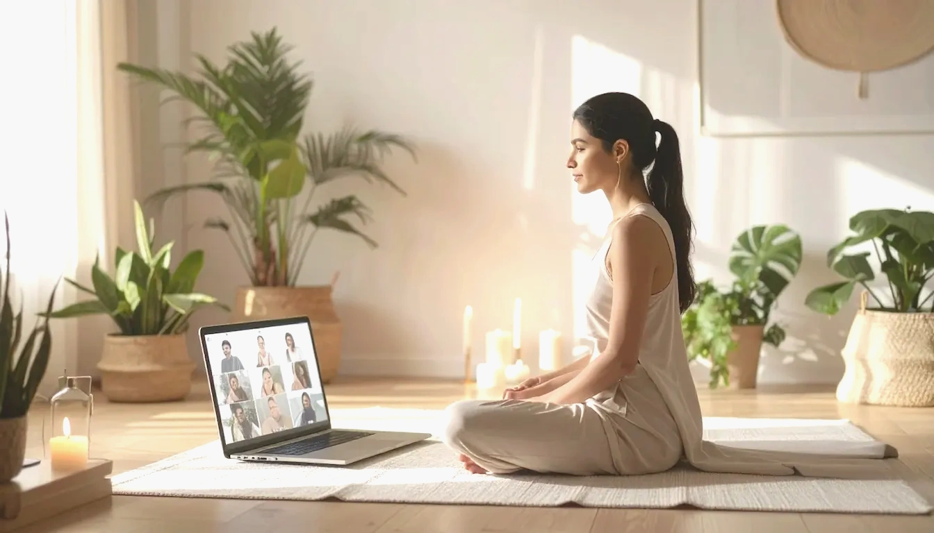 Mujer meditando en tapete de yoga con laptop mostrando sesión grupal en línea, acompañamiento para adultos con TDAH y ansiedad