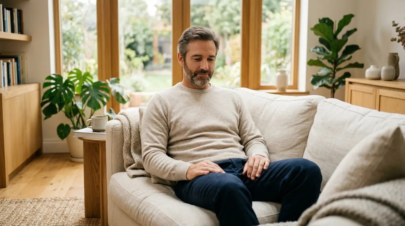 Hombre adulto en un espacio cálido y sereno para el curso-taller de aceptación y amor a lo que es en línea