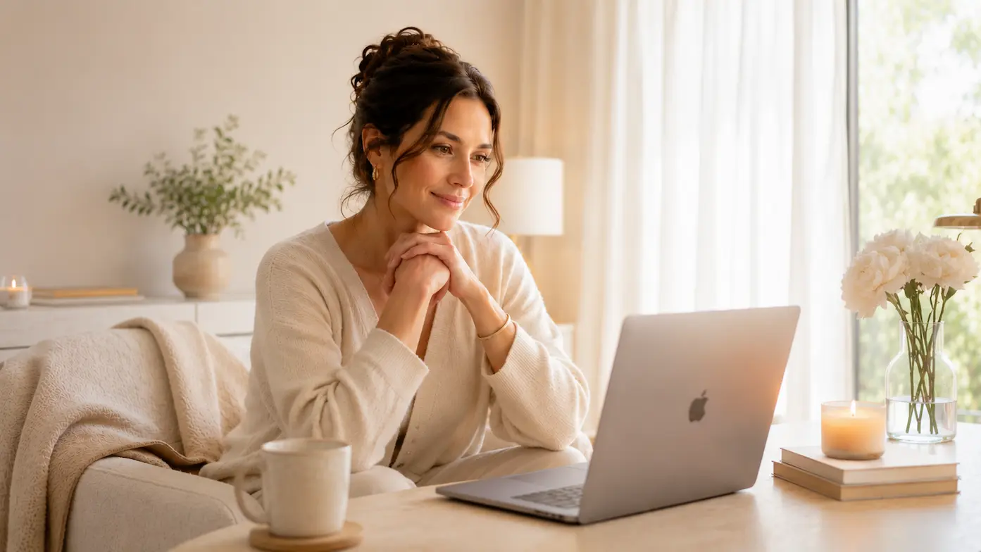 Mujer participando en un acompañamiento individual online para mujeres con autoexigencia